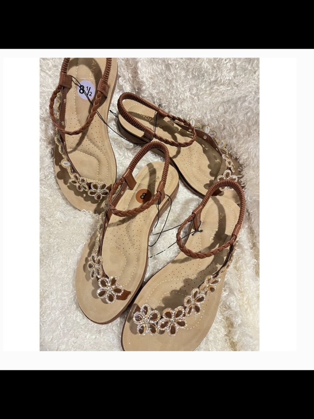 Women’s Brown Floral Beaded T-Strap Sandals NWOT